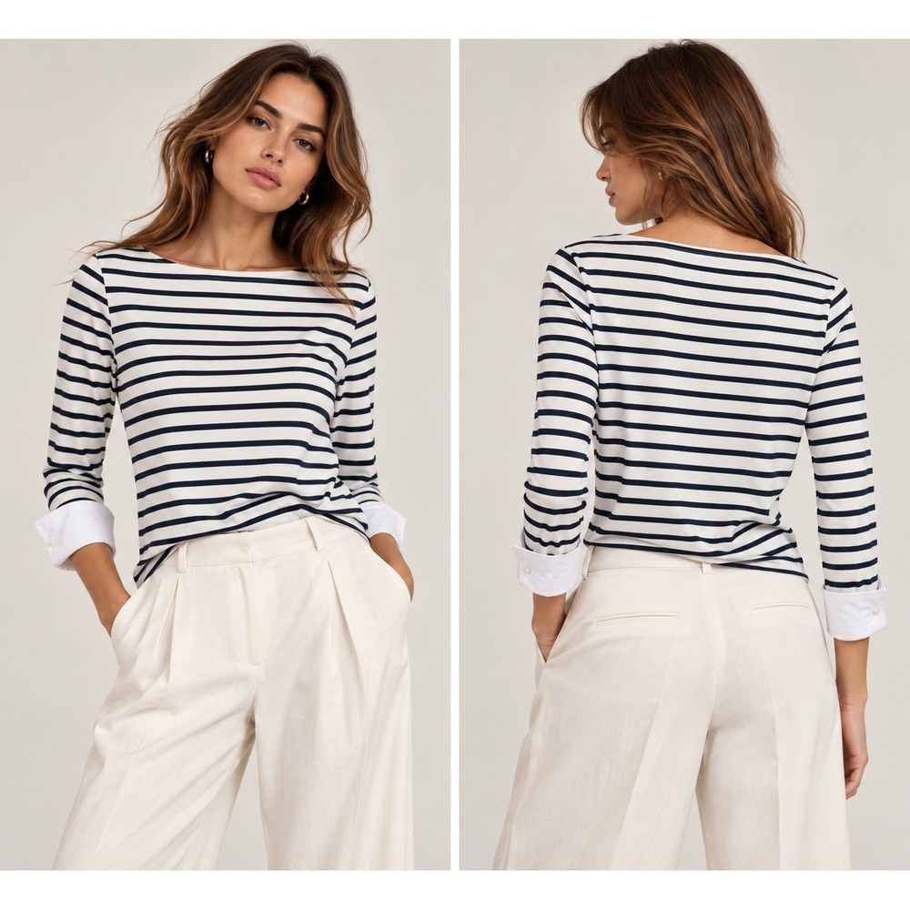 J.Crew Womens XS Striped Boatneck Long Sleeve Top Navy White Button Cuff Cotton